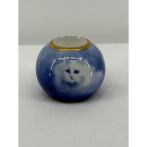 Vintage Japanese Otigari Ceramic Trinket Dish White Persian Cat Face Gold Rim